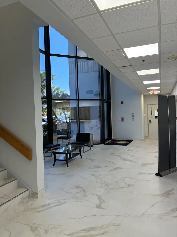 Bright two-story lobby at Lakehurst Building